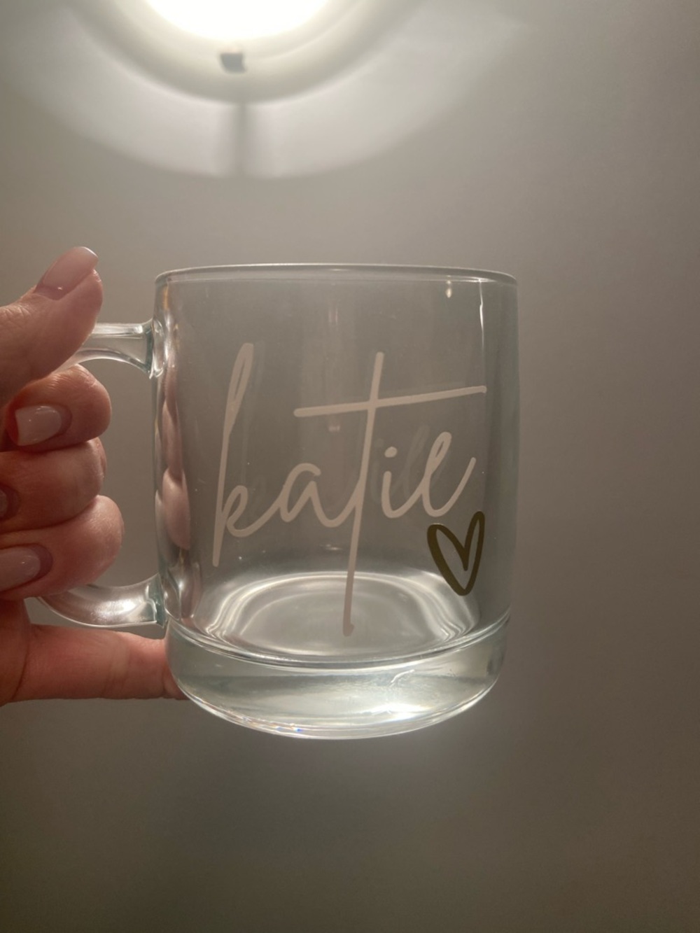 NWOT Personalized Katie Clear Glass Mug with White Writing and Gold Heart